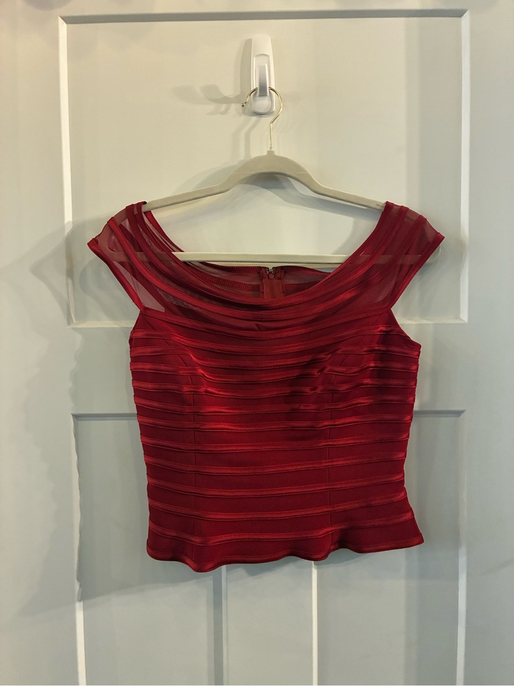 JS Collections Red Off-the-Shoulder Layered Mesh Camisole